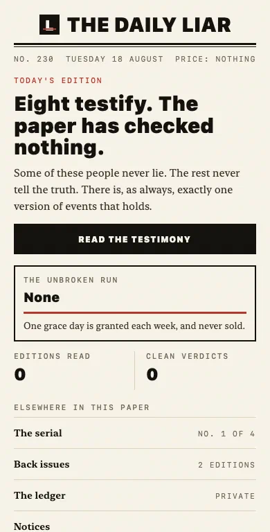 The front page of the app, with the day's edition and its dateline