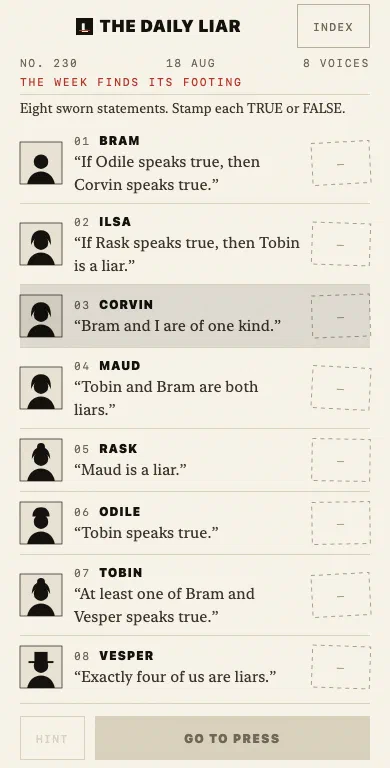 The testimony screen, a column of speakers and their sworn statements